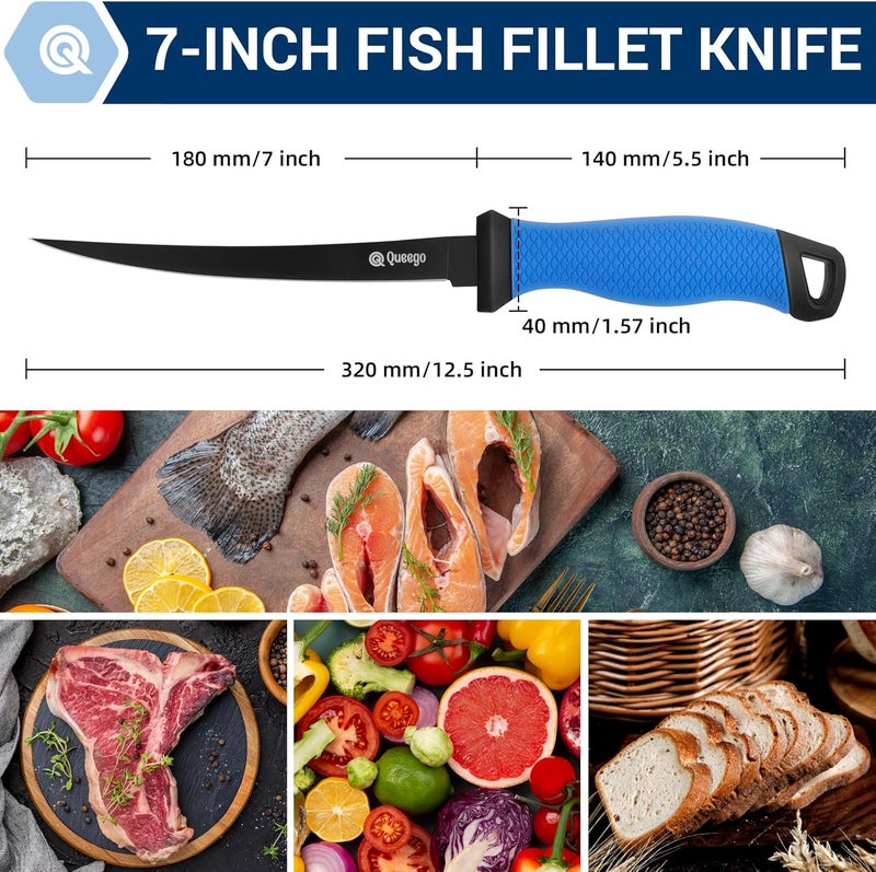 QEEGO Fish Fillet Knife 7 Inch,Razor-Sharp Flexible Blade,Ergonomic Non-Slip Handle - Perfect for Slicing Fish,Includes Safety Sheath and 1 Two Stage Knife Sharpener - Image 3